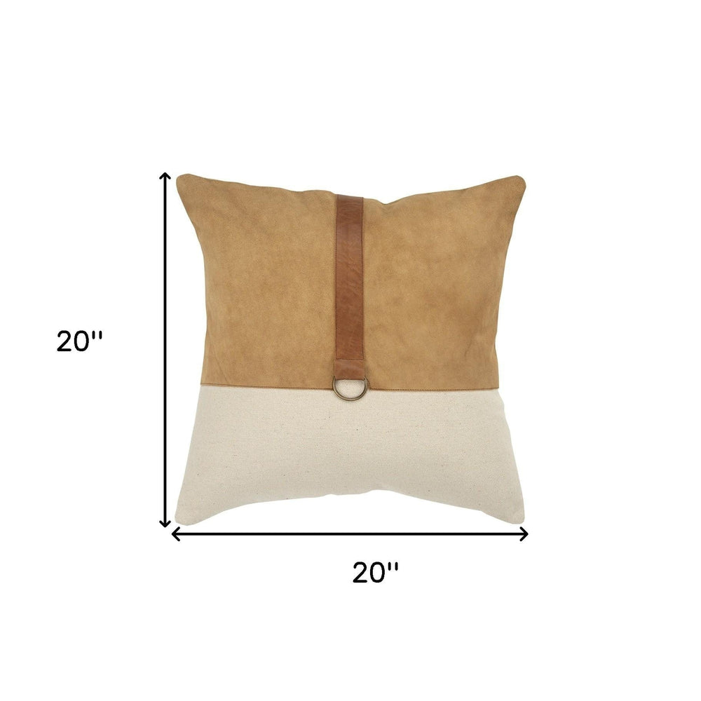 20" Natural and Brown Cotton and Leather Throw Pillow - Homeroots
