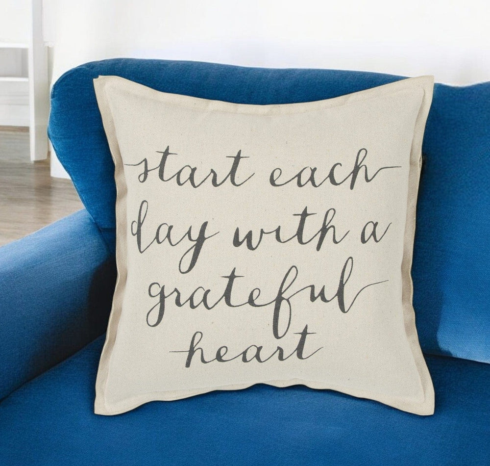 20" Natural and Gray Grateful Heart Cotton Throw Pillow - Homeroots - Flyclothing LLC