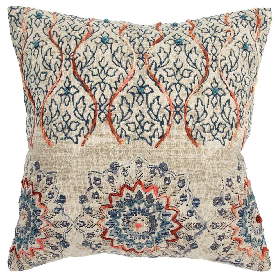 Beige Blue Distressed Floral Pattern Throw Pillow - Homeroots - Flyclothing LLC