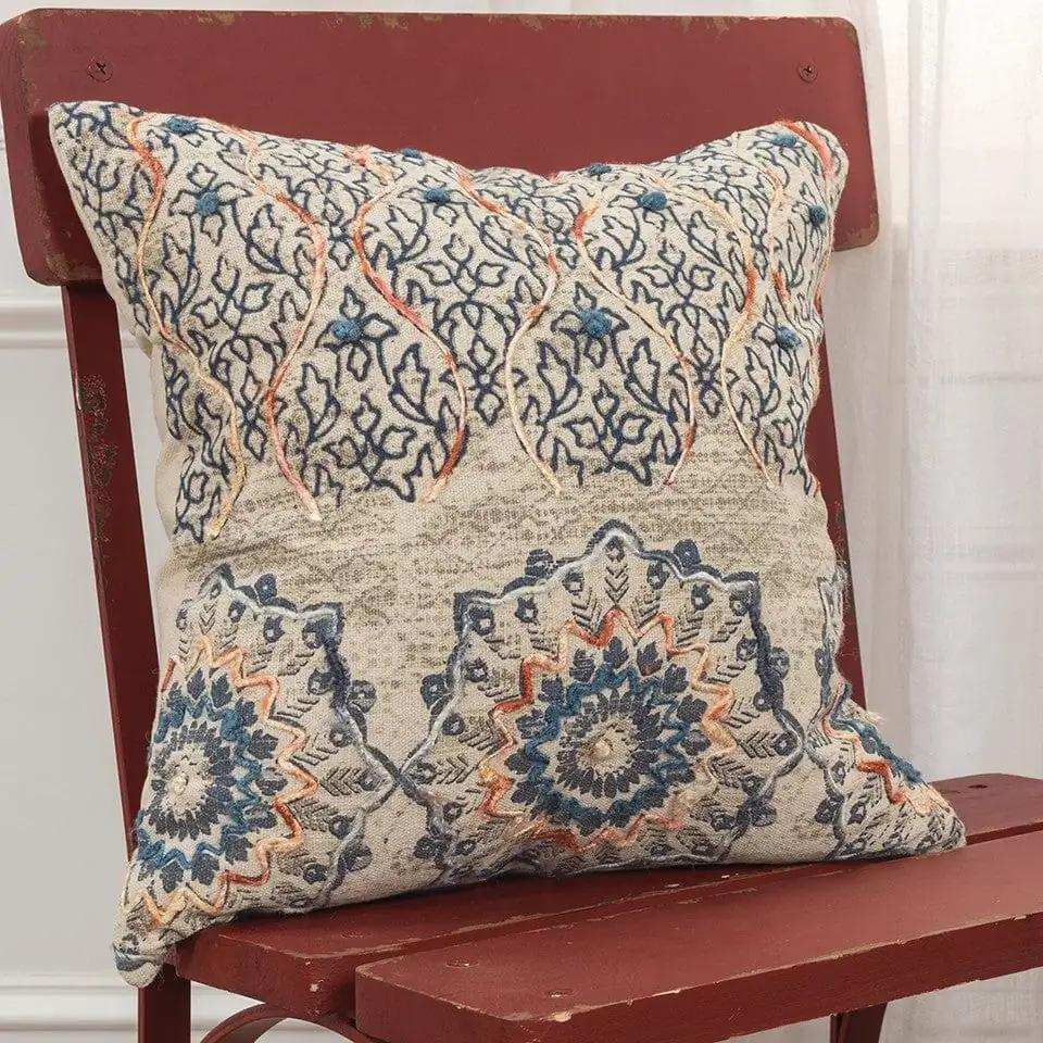Beige Blue Distressed Floral Pattern Throw Pillow - Homeroots - Flyclothing LLC