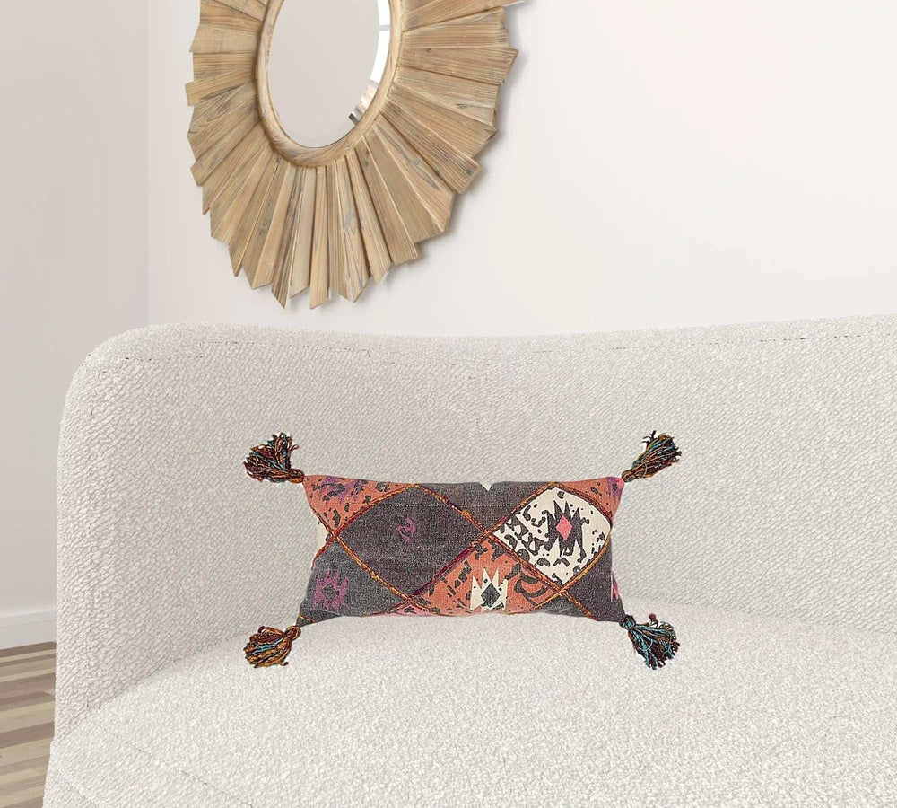 Peach Gray Tribal Corner Tasseled Lumbar Pillow - Homeroots - Flyclothing LLC