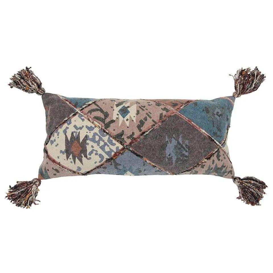 Teal Tan Tribal Corner Tasseled Lumbar Pillow - Homeroots - Flyclothing LLC