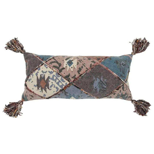 Teal Tan Tribal Corner Tasseled Lumbar Pillow - Homeroots - Flyclothing LLC