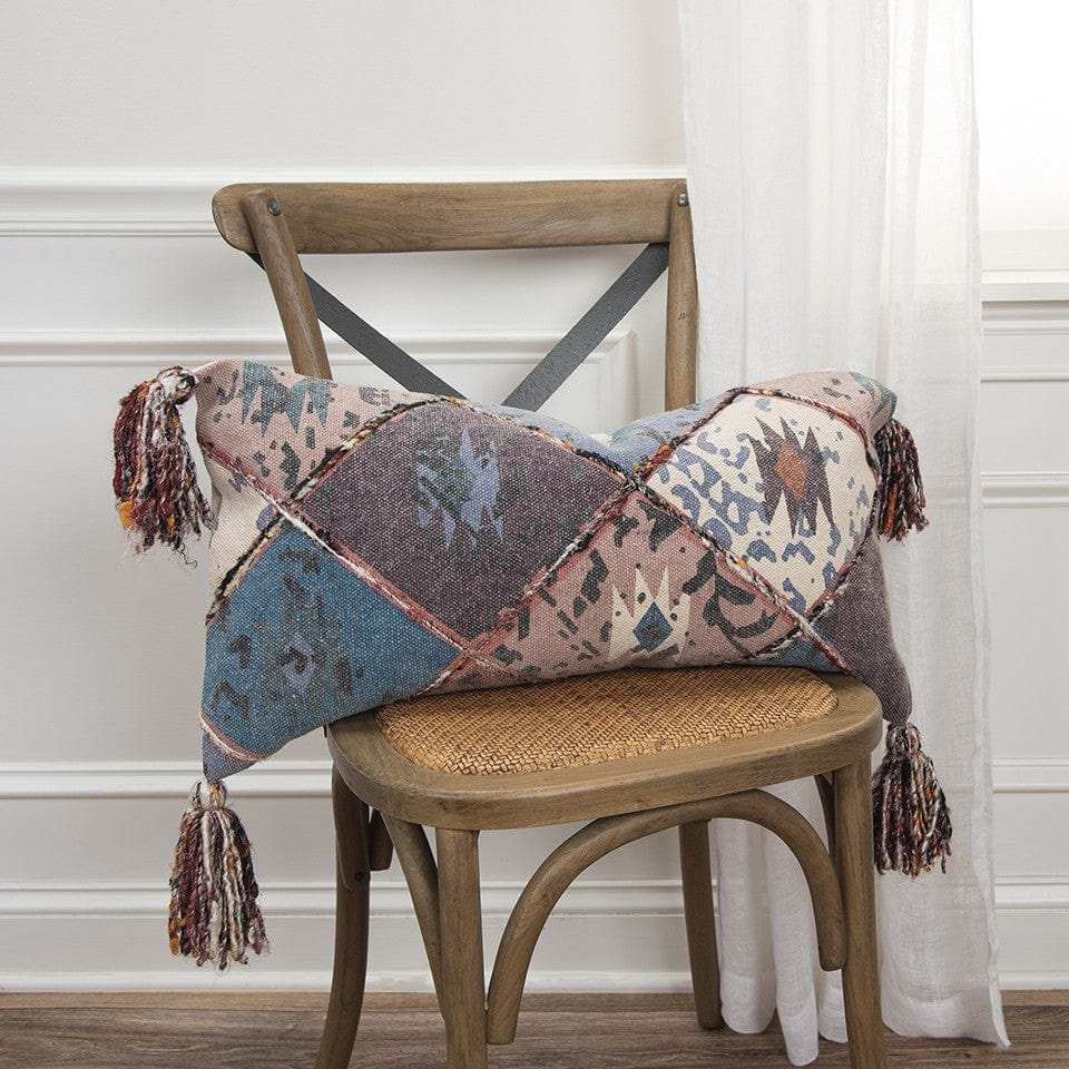 Teal Tan Tribal Corner Tasseled Lumbar Pillow - Homeroots - Flyclothing LLC