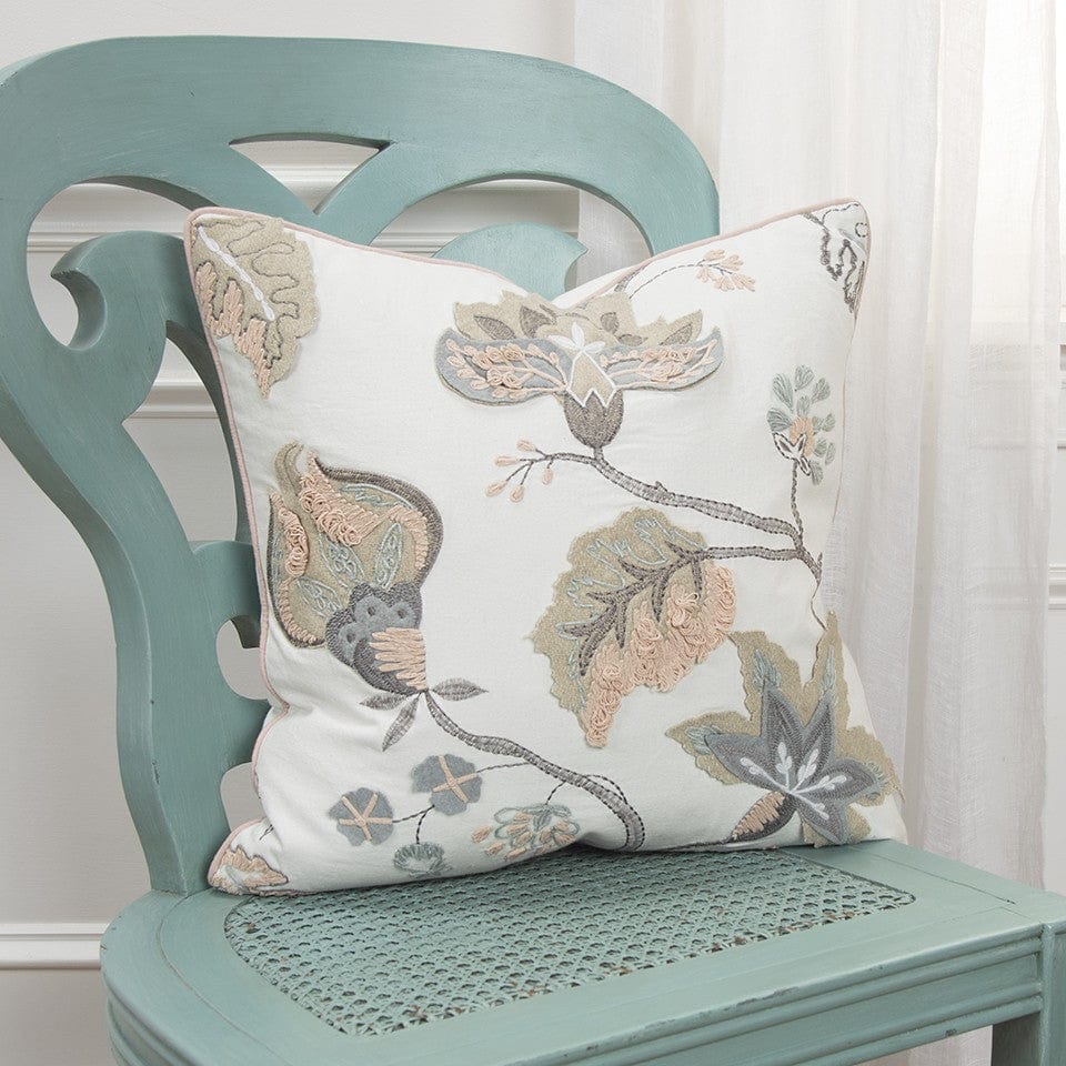 20" White and Tan Jacobean Floral Cotton Throw Pillow With Applique and Embroidery - Homeroots - Flyclothing LLC