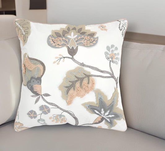 20" White and Tan Jacobean Floral Cotton Throw Pillow With Applique and Embroidery - Homeroots