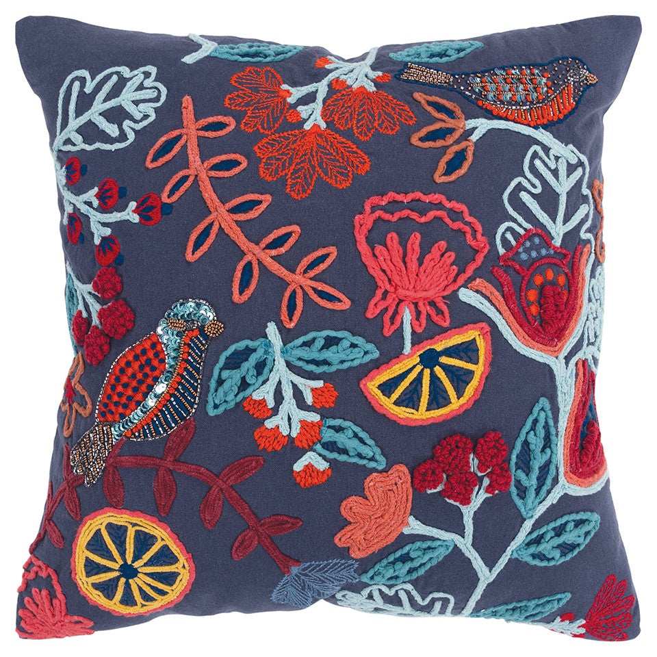 Dark Blue Jacobean Bloom Embroidered Throw Pillow - Homeroots - Flyclothing LLC