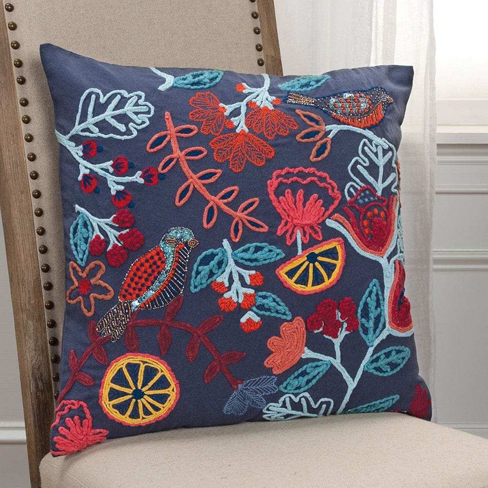 Dark Blue Jacobean Bloom Embroidered Throw Pillow - Homeroots - Flyclothing LLC