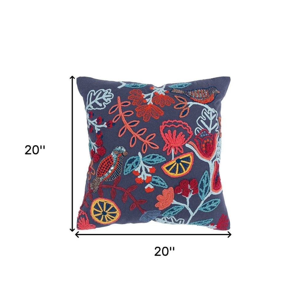 Dark Blue Jacobean Bloom Embroidered Throw Pillow - Homeroots - Flyclothing LLC