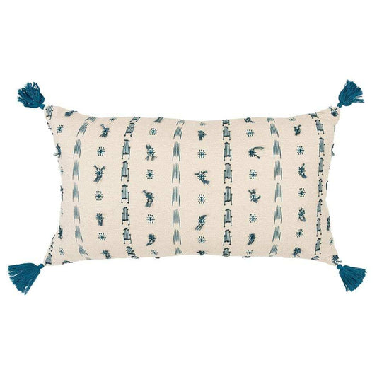 Teal Beige Tribal Inspired Tasseled Lumbar Pillow - Homeroots - Flyclothing LLC