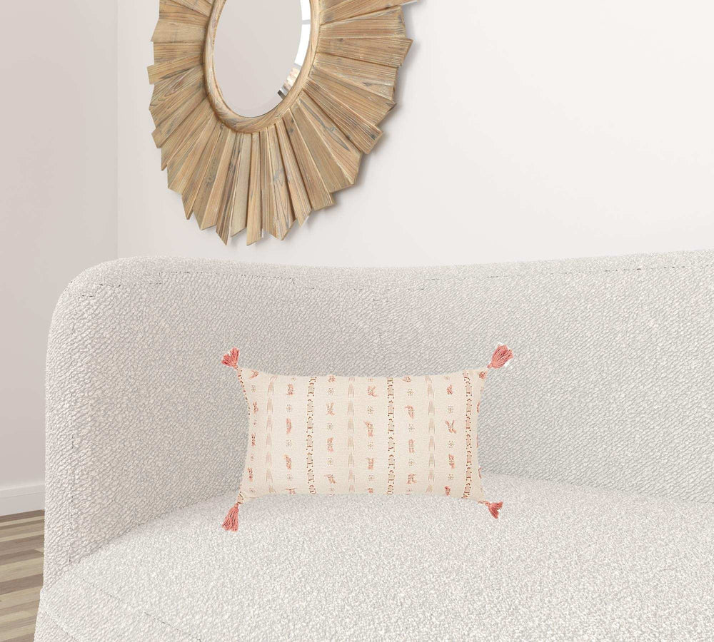 Blush Beige Tribal Inspired Tasseled Lumbar Pillow - Homeroots - Flyclothing LLC