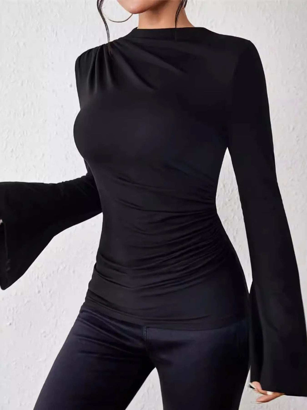 Bell Sleeve Ruched Fitted T-Shirt with Mock Neck - Trendsi - Flyclothing LLC