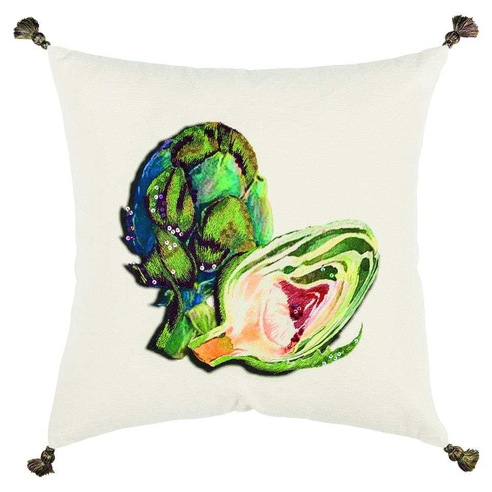 White Green Embroidered Artichoke Throw Pillow - Homeroots - Flyclothing LLC