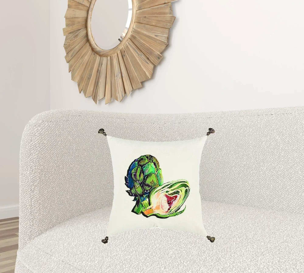 White Green Embroidered Artichoke Throw Pillow - Homeroots - Flyclothing LLC