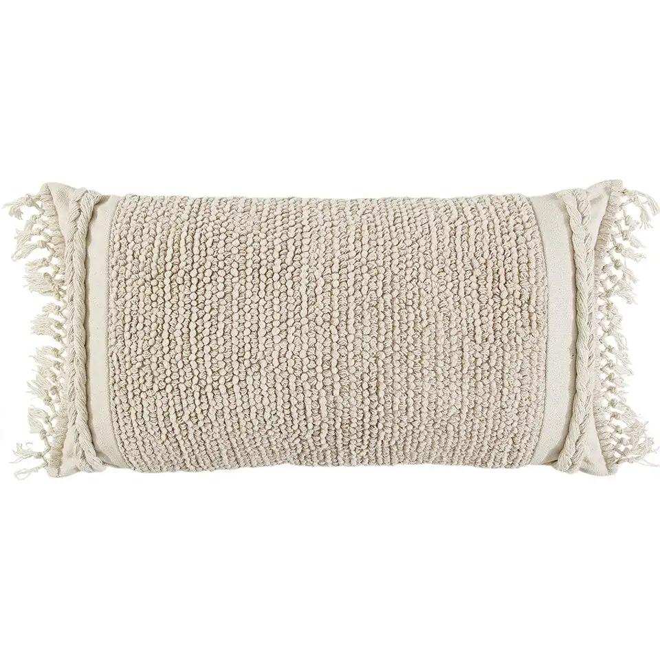 Ivory Braided Stripe Macrame Fringe Lumbar Pillow - Homeroots - Flyclothing LLC
