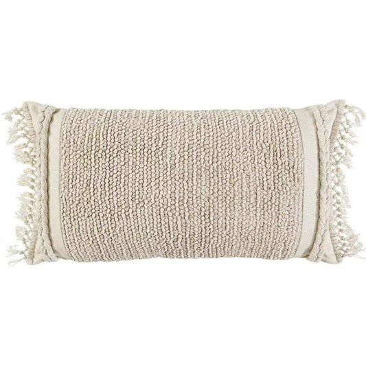 Ivory Braided Stripe Macrame Fringe Lumbar Pillow - Homeroots - Flyclothing LLC