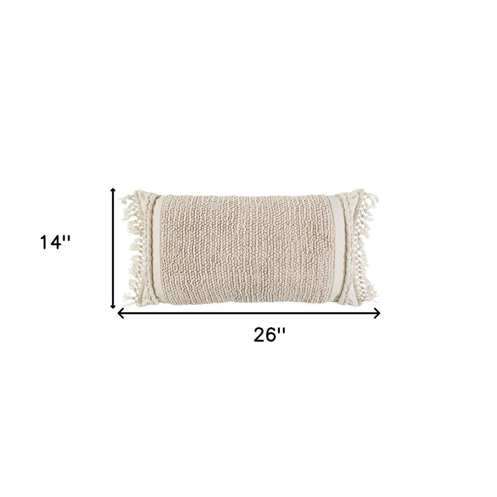 Ivory Braided Stripe Macrame Fringe Lumbar Pillow - Homeroots - Flyclothing LLC