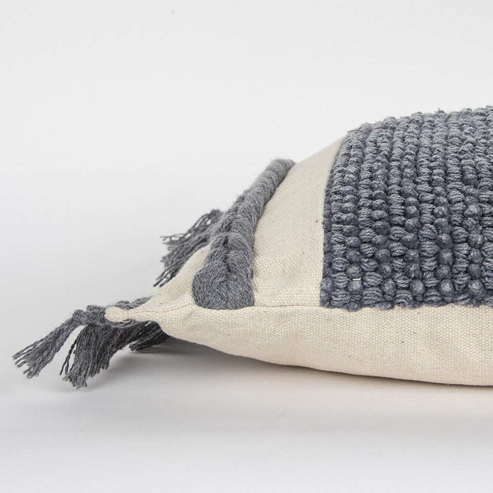 Gray Braided Stripe Macrame Fringe Lumbar Pillow - Homeroots - Flyclothing LLC