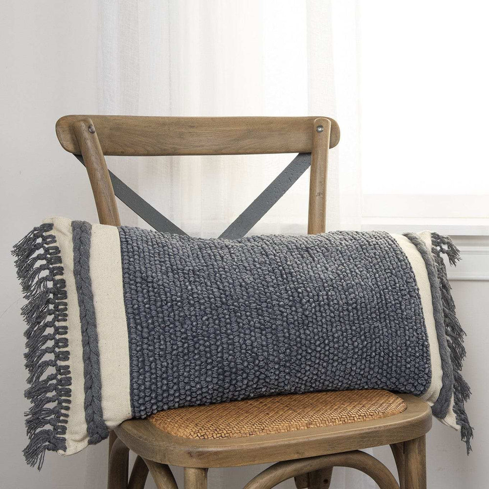 Gray Braided Stripe Macrame Fringe Lumbar Pillow - Homeroots - Flyclothing LLC