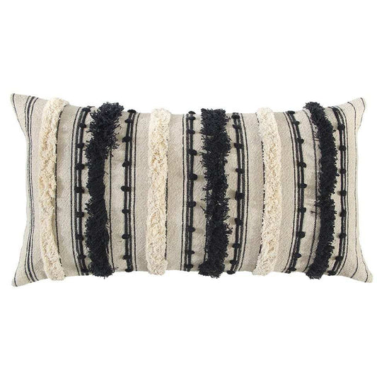Beige Black Eyelash Fringe Textured Lumbar Pillow - Homeroots - Flyclothing LLC