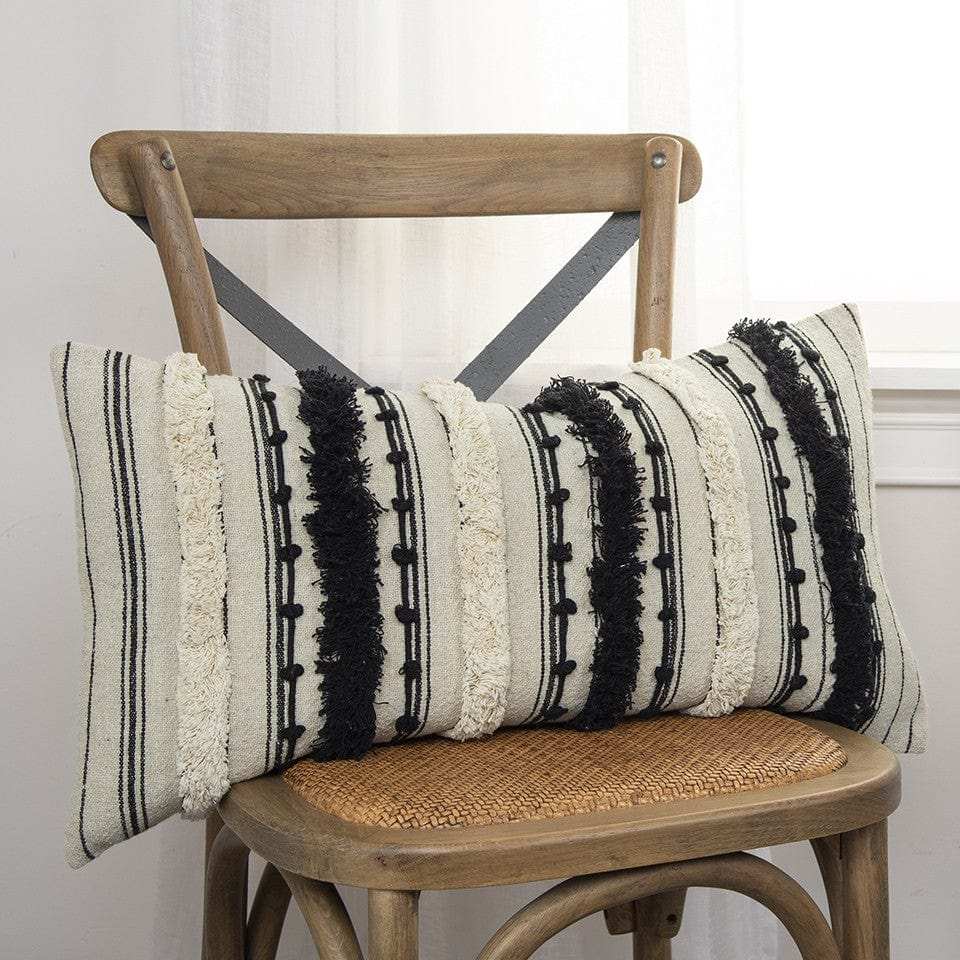 Beige Black Eyelash Fringe Textured Lumbar Pillow - Homeroots - Flyclothing LLC