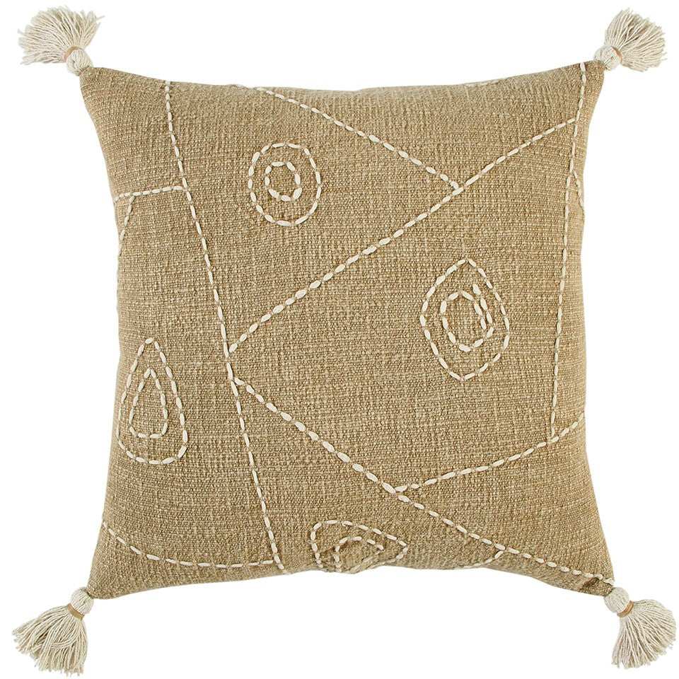 Khaki Cream Kantha Stitch Tasseled Throw Pillow - Homeroots - Flyclothing LLC
