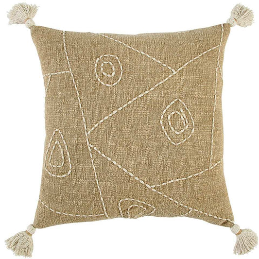 Khaki Cream Kantha Stitch Tasseled Throw Pillow - Homeroots - Flyclothing LLC