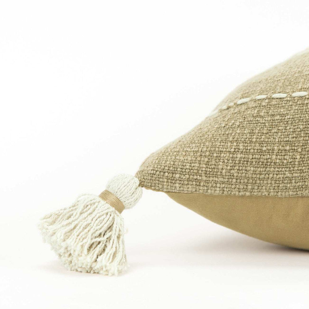Khaki Cream Kantha Stitch Tasseled Throw Pillow - Homeroots - Flyclothing LLC