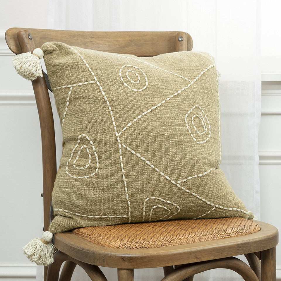 Khaki Cream Kantha Stitch Tasseled Throw Pillow - Homeroots - Flyclothing LLC