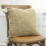 Khaki Cream Kantha Stitch Tasseled Throw Pillow - Homeroots - Flyclothing LLC