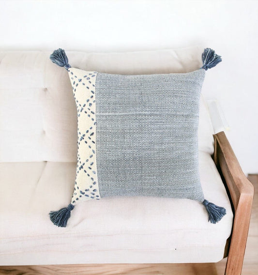 20" Blue and Ivory Herringbone Cotton Throw Pillow With Tassels - Homeroots