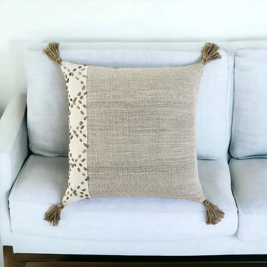 20" Taupe and Ivory Herringbone Cotton Throw Pillow With Tassels - Homeroots