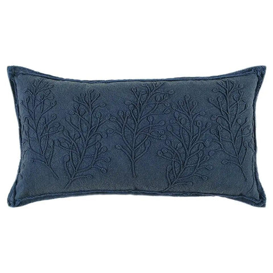 14" x 26" Navy Botanical Pattern Embroidered Lumbar Pillow - Homeroots