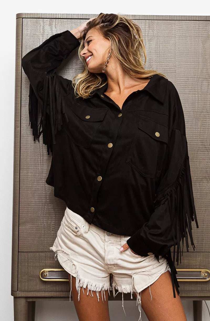 BiBi Suede Fringe Long Sleeve Jacket - Trendsi - Flyclothing LLC