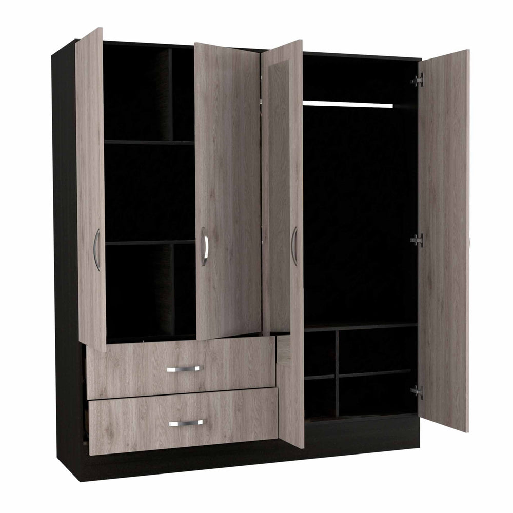 71" Light Oak and Black Four Door Wardrobe Closet with Mirrors - Homeroots - Flyclothing LLC