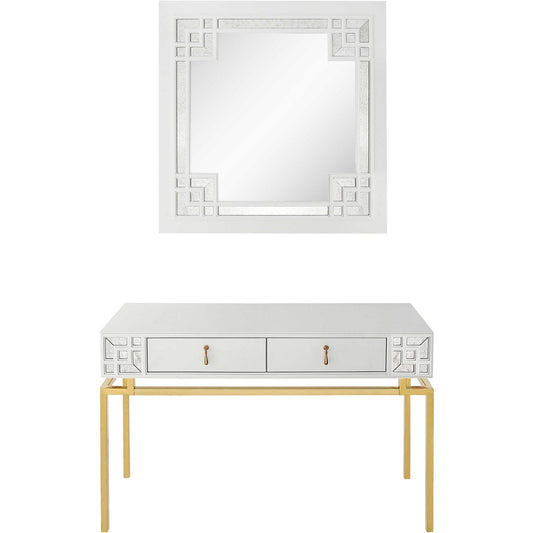 Set of Two 47" White and Gold Solid Wood Mirrored Console Table And Drawers - Homeroots