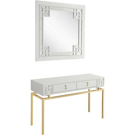 Set of Two 47" White and Gold Solid Wood Mirrored Console Table And Drawers - Homeroots