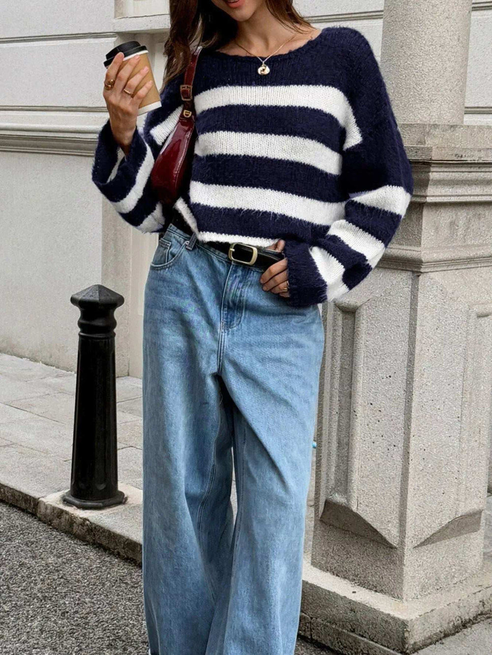 Striped Knit Round Neck Sweater - Trendsi - Flyclothing LLC