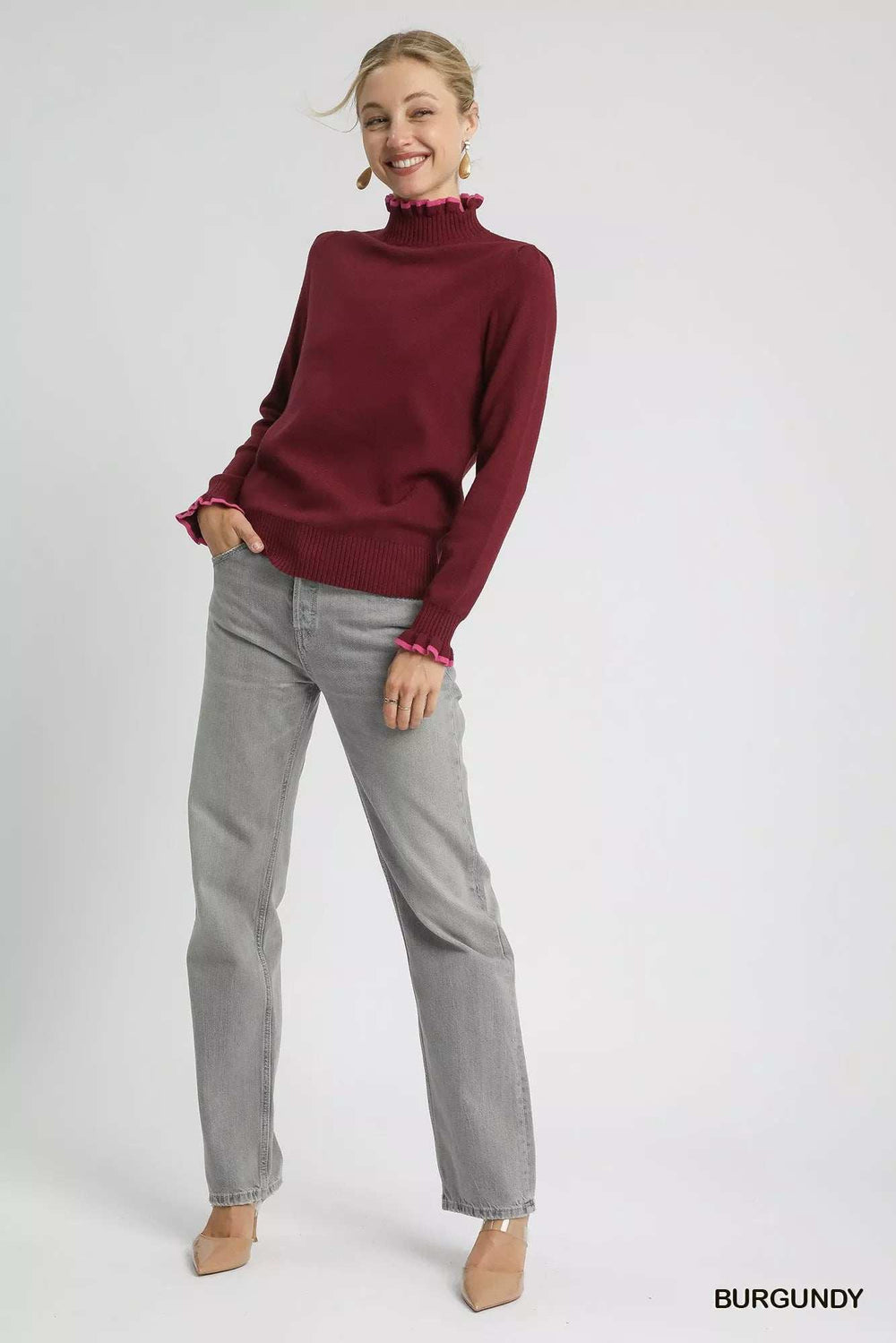 Umgee Ribbed Round Neck Sweater with Ruffle Contrast Trim - Trendsi - Flyclothing LLC