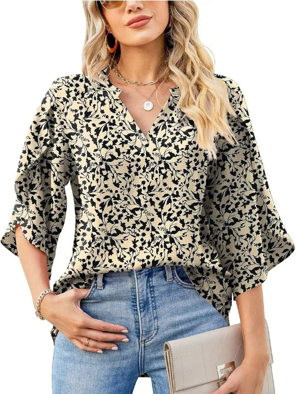 Printed Notched Half Sleeve Blouse - Trendsi - Flyclothing LLC