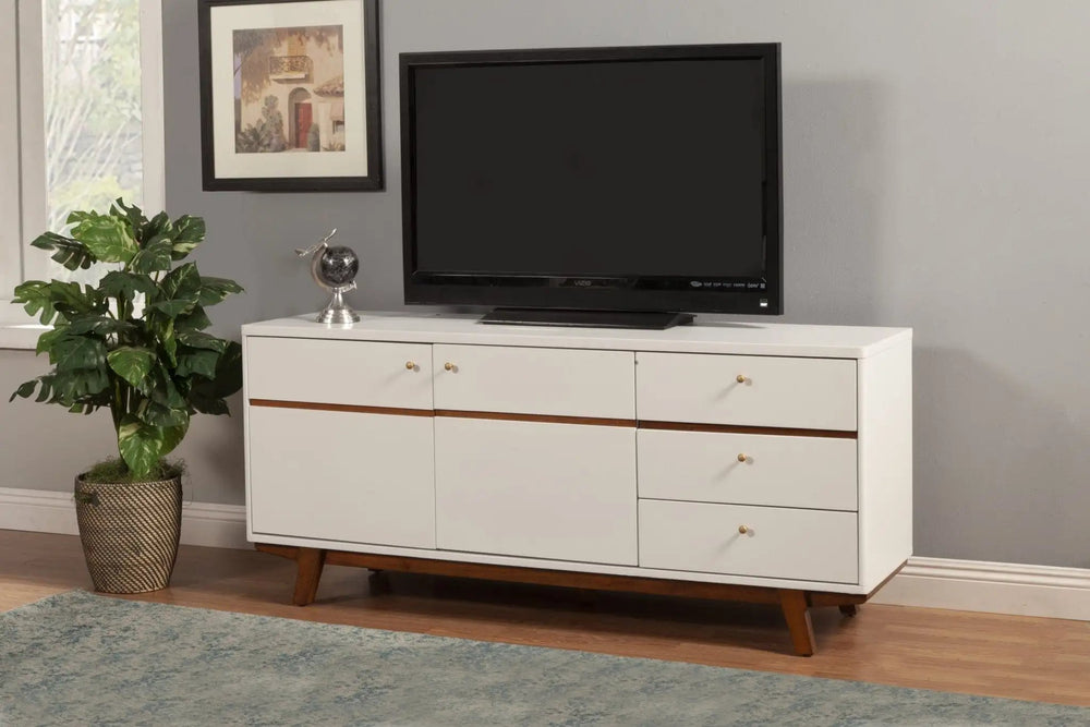 65" White Mahogany Solids And Veneer Cabinet Enclosed Storage TV Stand - Homeroots
