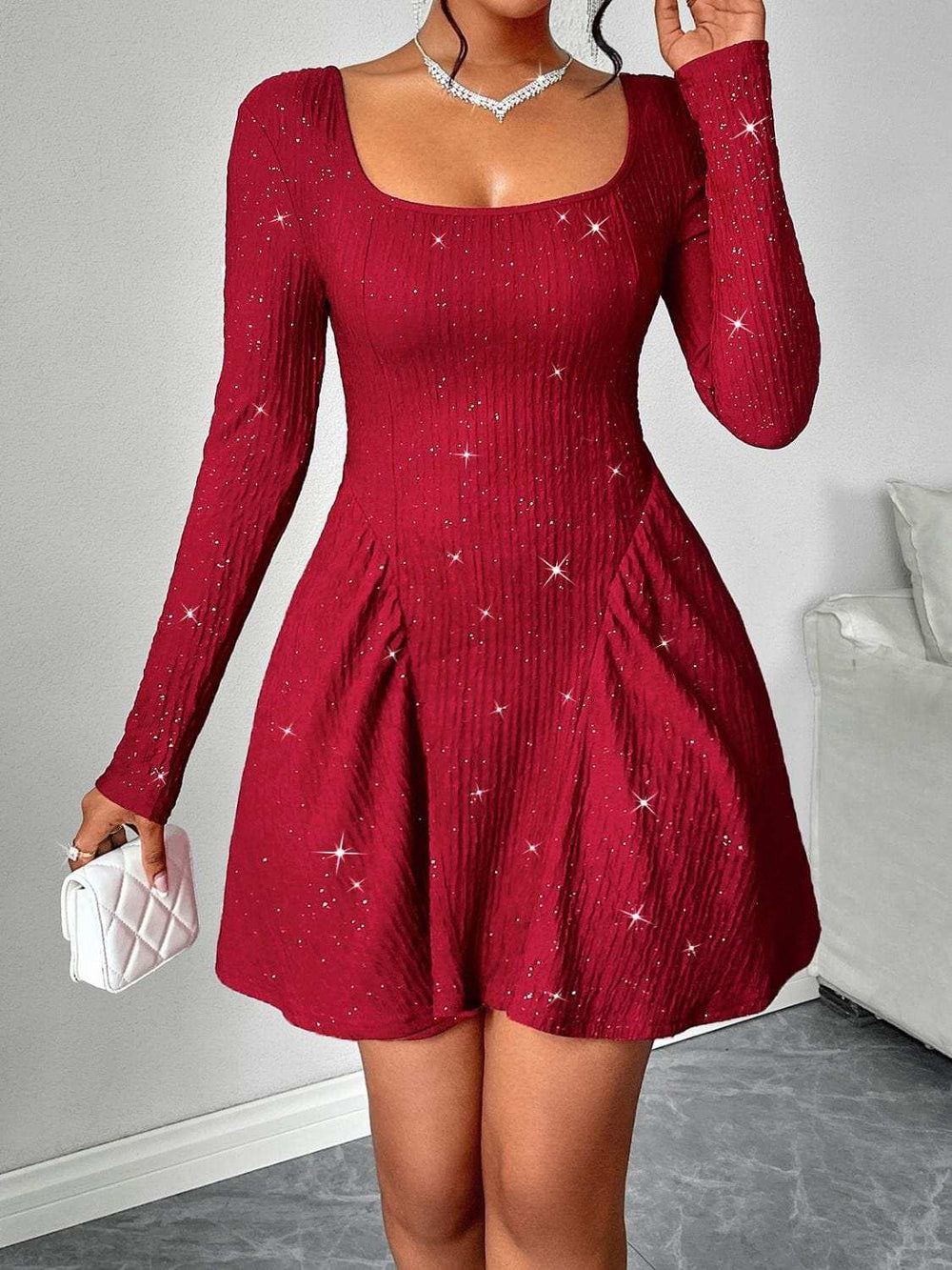 Backless Glitter Square Neck Long Sleeve Mini Dress - Trendsi - Flyclothing LLC