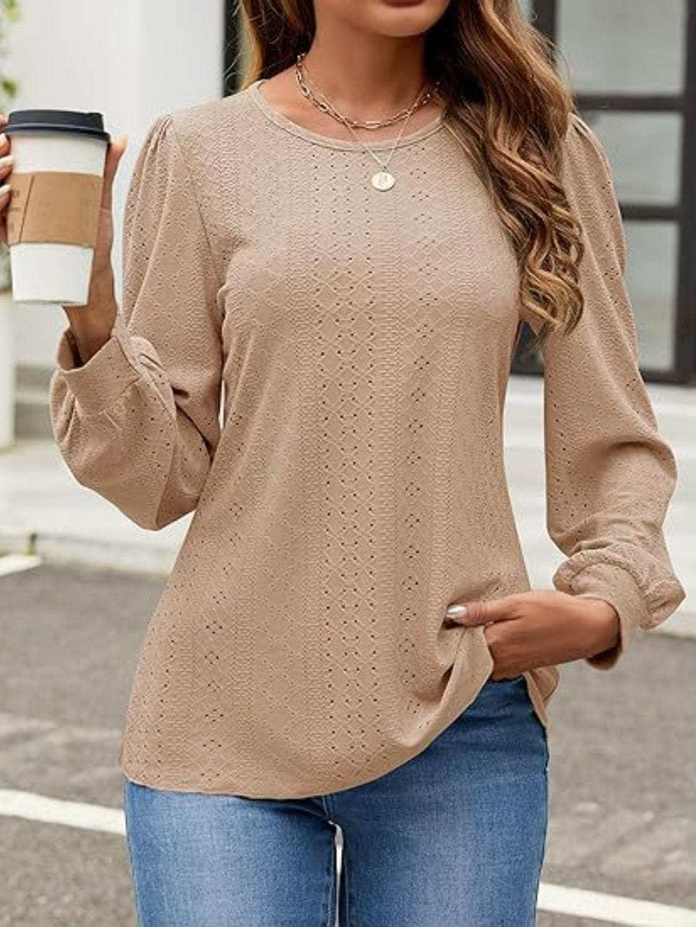 Eyelet Round Neck Long Sleeve Top - Trendsi - Flyclothing LLC