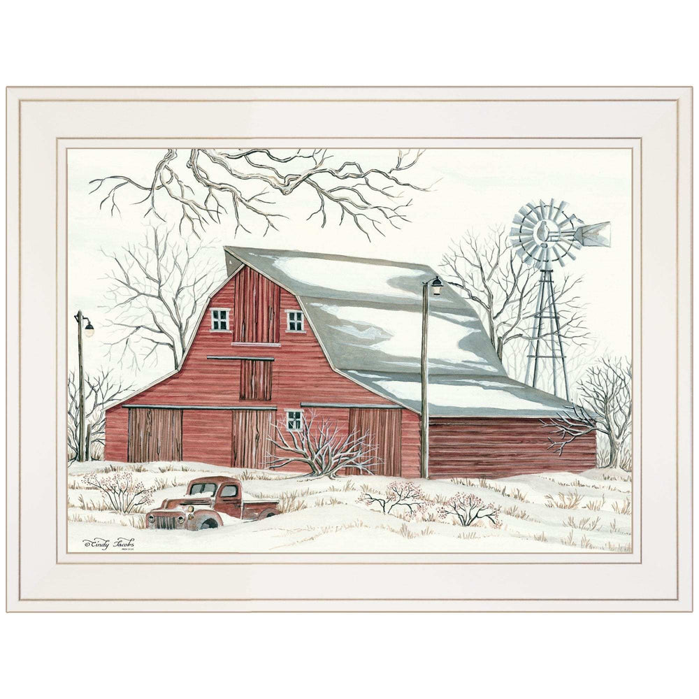 Winter Barn with Pickup Truck 1 White Framed Print Wall Art - Homeroots - Flyclothing LLC