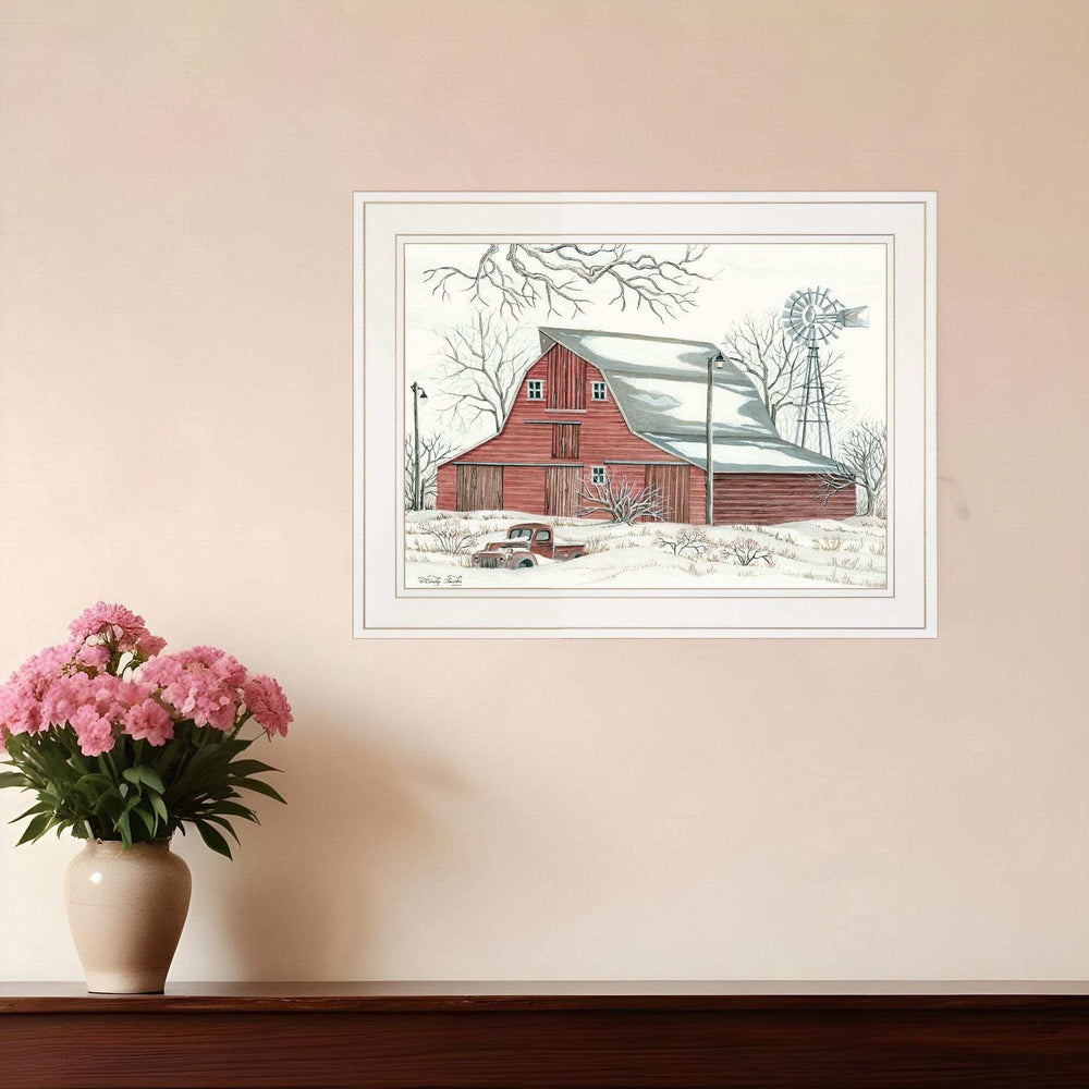 Winter Barn with Pickup Truck 1 White Framed Print Wall Art - Homeroots - Flyclothing LLC