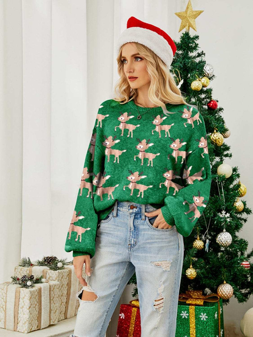 Reindeer Round Neck Long Sleeve Sweater - Trendsi - Flyclothing LLC