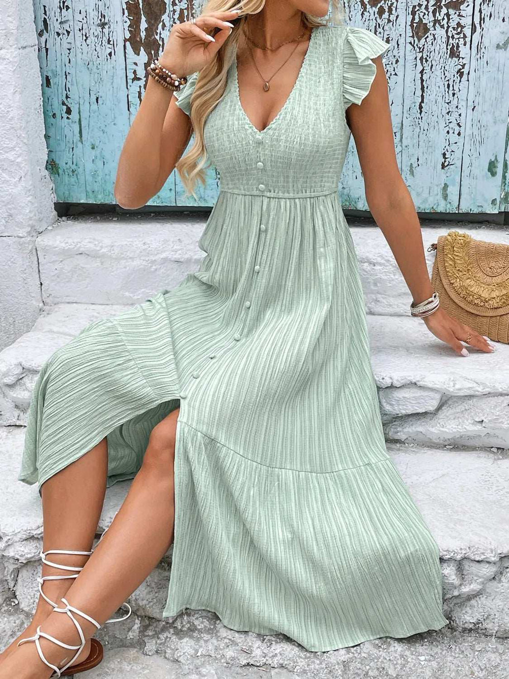 V-Neck Ruffled Cap Sleeve Dress - Trendsi - Flyclothing LLC