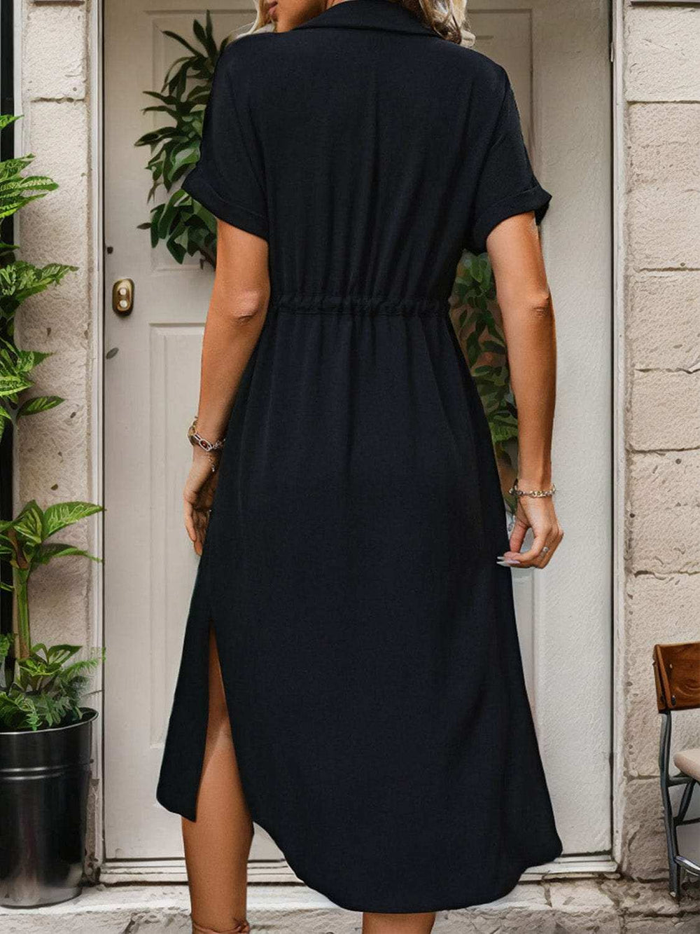 Slit Drawstring Button Up Short Sleeve Midi Dress - Trendsi - Flyclothing LLC