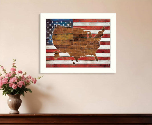 American Flag USA Map White Framed Print Wall Art - Homeroots - Flyclothing LLC