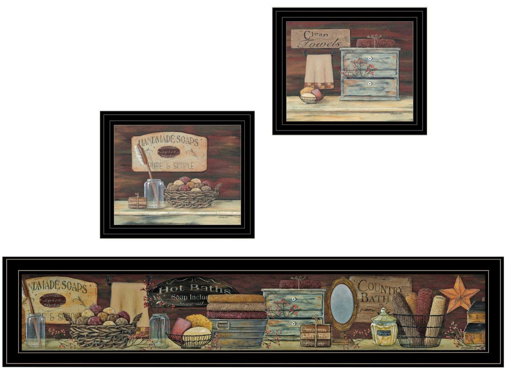 Set Of Three COUNTRY BATH 1 2 Black Framed Print Bathroom Wall Art - Homeroots - Flyclothing LLC